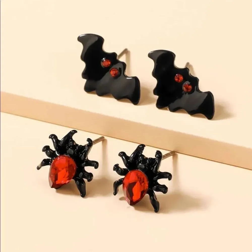 Y2K Vampire Gothic Halloween Spider Bat Red Jeweled Earrings